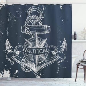 Ambesonne Marine Shower Curtain, Nautical Knot Compass Anchor Pattern Sea World Ocean Life Grunge Illustration, Cloth Fabric Bathroom Decor Set with Hooks, 75" Long, Blue White