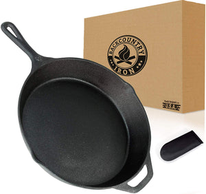 Backcountry Cast Iron Skillet(10 Inch Medium Frying Pan + Cloth Handle Mitt, Pre-Seasoned for Non-Stick Like Surface, Cookware Oven/Broiler/Grill Safe, Kitchen Deep Fryer, Restaurant Chef Quality)