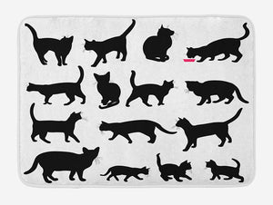 Ambesonne Cat Bath Mat, Black Cat Silhouettes in Different Poses Domestic Pets Kitty Paws Tail and Whiskers, Plush Bathroom Decor Mat with Non Slip Backing, 29.5" X 17.5", Black and White