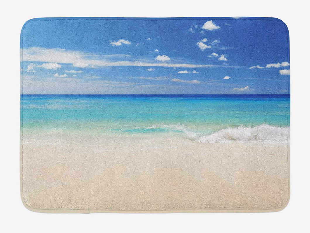 Ambesonne Ocean Bath Mat, Tropic Ocean Style Sandy Shore and Sea with Waves Escape to Paradise Theme, Plush Bathroom Decor Mat with Non Slip Backing, 29.5 W X 17.5 L Inches, Cream Turquoise