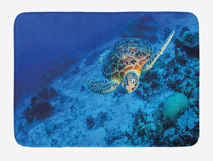 Ambesonne Turtle Bath Mat, Oceanic Wildlife Themed Photo of Sea Turtle in Deep Blue Waters Coral Reef Hawaiian, Plush Bathroom Decor Mat with Non Slip Backing, 29.5" X 17.5", Blue Orange