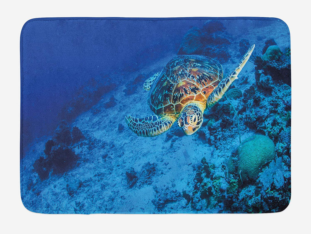 Ambesonne Turtle Bath Mat, Oceanic Wildlife Themed Photo of Sea Turtle in Deep Blue Waters Coral Reef Hawaiian, Plush Bathroom Decor Mat with Non Slip Backing, 29.5