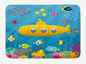 Ambesonne Yellow Submarine Bath Mat, Coral Reef with Colorful Fish Ocean Life Marine Creatures Tropic Kid, Plush Bathroom Decor Mat with Non Slip Backing, 29.5" X 17.5", Blue White