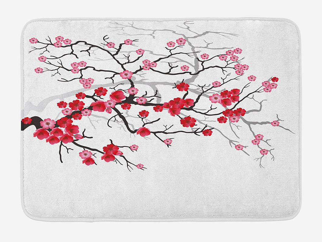 Ambesonne Nature Bath Mat, Japanese Plant Sakura Flower with Abstract Backdrop Artwork, Plush Bathroom Decor Mat with Non Slip Backing, 29.5