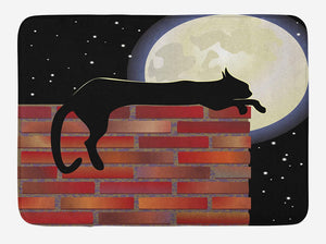 Ambesonne Moon Bath Mat, Cat Silhouette Resting on a Brick Wall in a Starry Night Full Moon Imagery, Plush Bathroom Decor Mat with Non Slip Backing, 29.5" X 17.5", Vermilion Black
