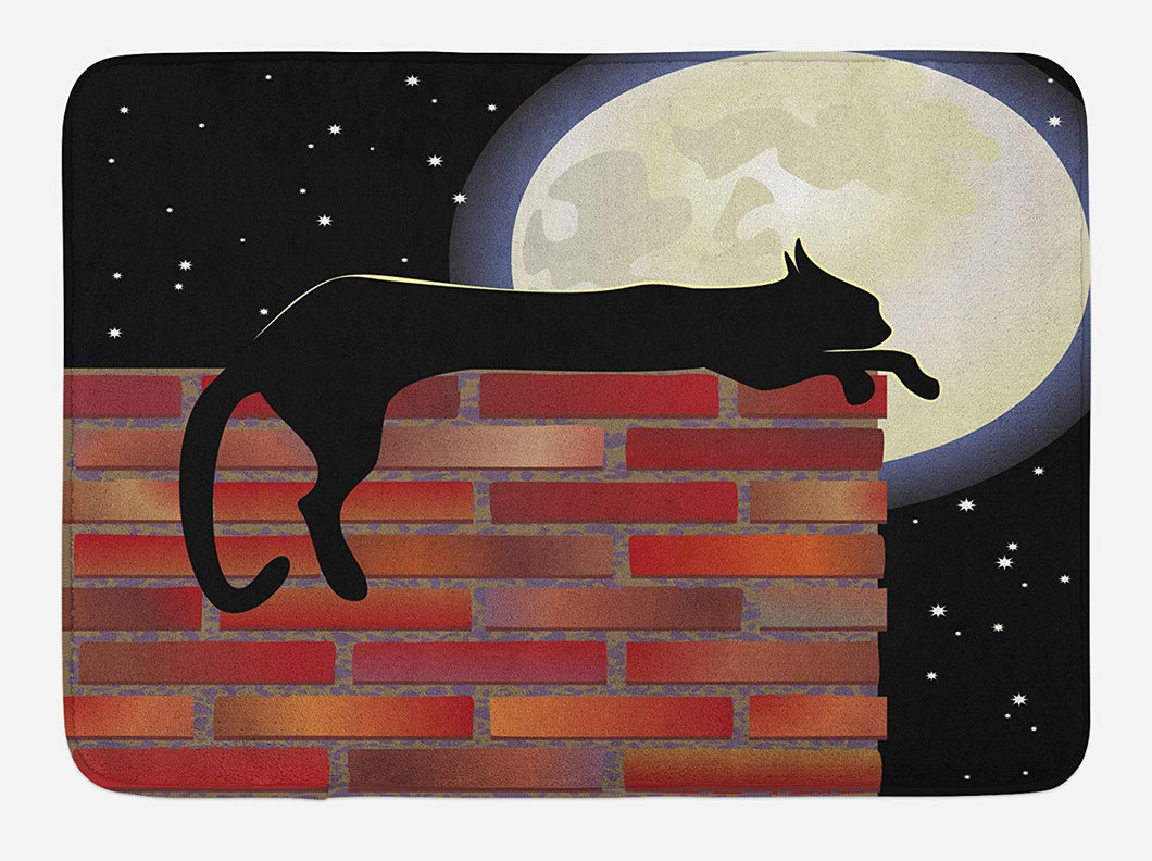 Ambesonne Moon Bath Mat, Cat Silhouette Resting on a Brick Wall in a Starry Night Full Moon Imagery, Plush Bathroom Decor Mat with Non Slip Backing, 29.5