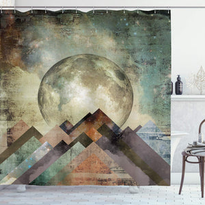 Ambesonne Vintage Rustic Geometric Decorations Collection, Grunge Pastel Moonshine Moon Print Retro Paintings, Polyester Fabric Bathroom Shower Curtain Set with Hooks, Teal Beige Brown