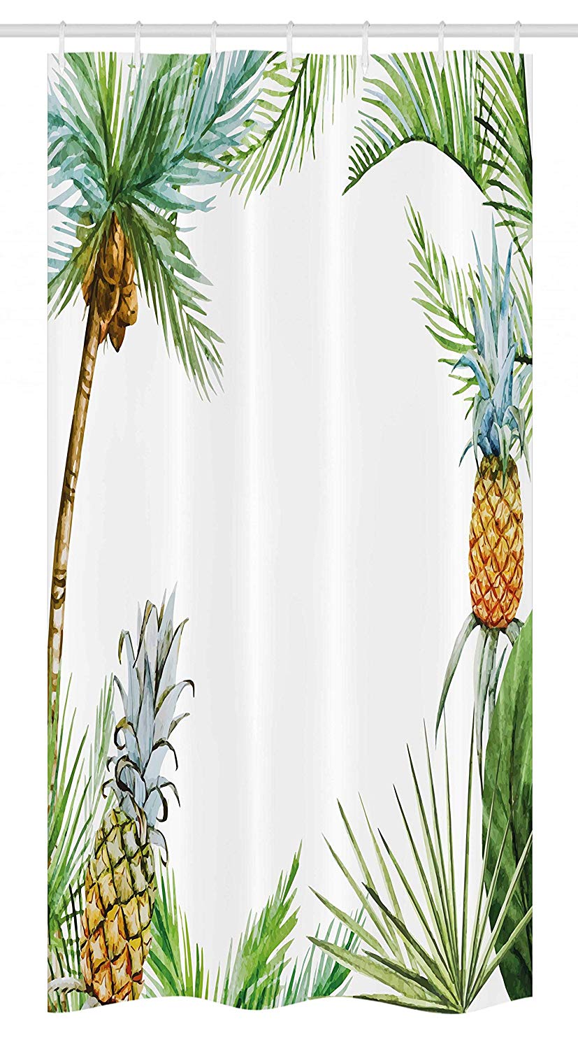 Ambesonne Pineapple Stall Shower Curtain, Watercolor Tropical Island Style Border Print Exotic Fruit Palm Trees and Leaves, Fabric Bathroom Decor Set with Hooks, 36