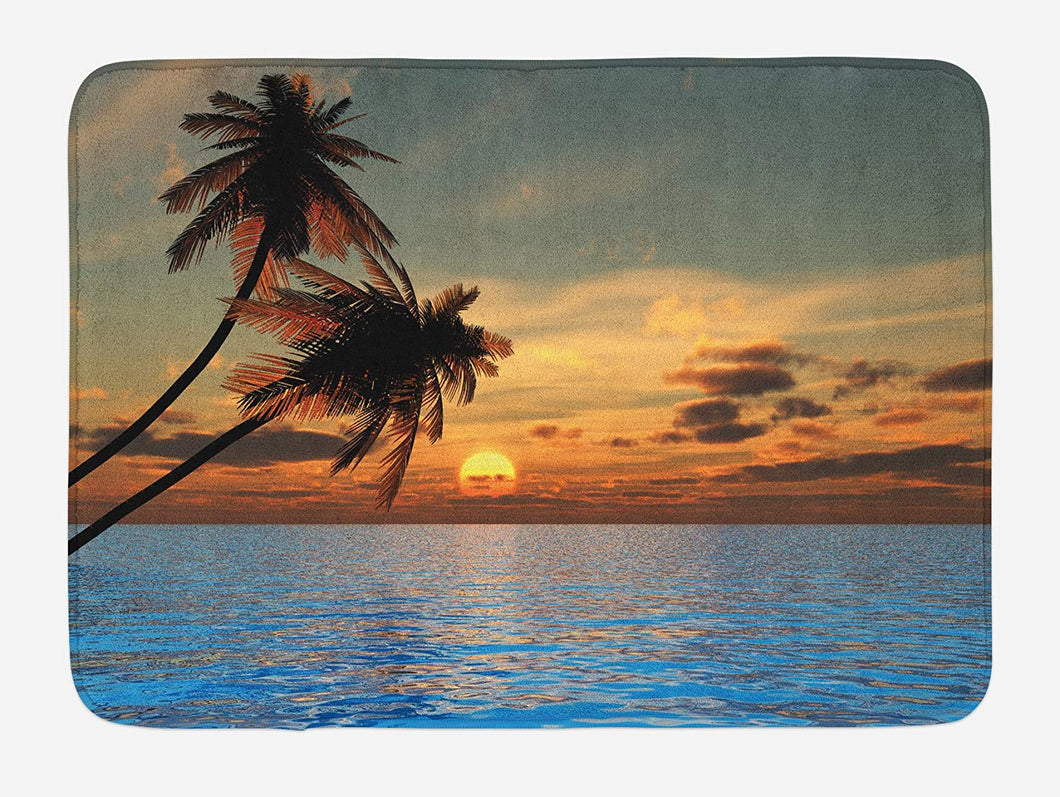 Lunarable Tropic Bath Mat, Exotic Sundown in Hawaiian Sky with Calm Ocean and Palm Trees Idyllic Nature Photo, Plush Bathroom Decor Mat with Non Slip Backing, 29.5