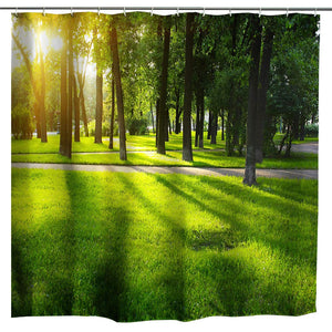 BROSHAN Nature Shower Curtain Fabric,Green Tree Woodland Landscape Garden Sunrise Art Print,Polyester Waterproof Fabric Bathroom Bath Decor Set with Hooks,72x72 Inch, Green