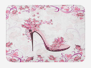 Lunarable Pink and White Bath Mat, Ornamental Butterflies and Hearts on a High Heel Shoe Feminine Pattern, Plush Bathroom Decor Mat with Non Slip Backing, 29.5" X 17.5", Pink White
