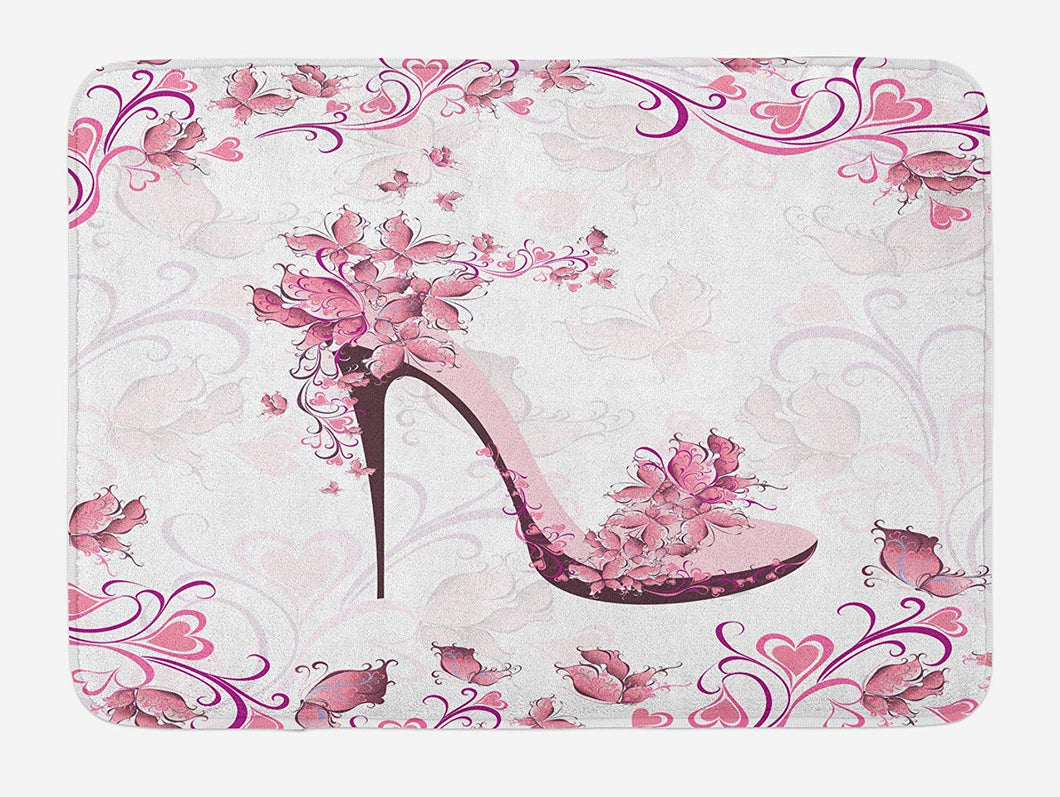 Lunarable Pink and White Bath Mat, Ornamental Butterflies and Hearts on a High Heel Shoe Feminine Pattern, Plush Bathroom Decor Mat with Non Slip Backing, 29.5