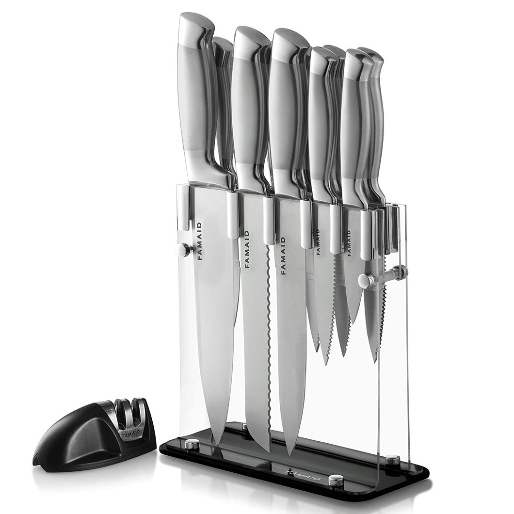 12 Piece Stainless Steel Knife Set | With Acrylic Stand & Knife Sharpener | Best Chef, Cooking, Utility, Carving & Paring Steak & Bread Knives | Professional Cooking Equipment | Great Cook Gift