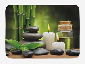 Ambesonne Spa Bath Mat, Hot Massage Rocks Combined with Candles and Scents Landscape of Bamboo Print, Plush Bathroom Decor Mat with Non Slip Backing, 29.5" X 17.5", Green White
