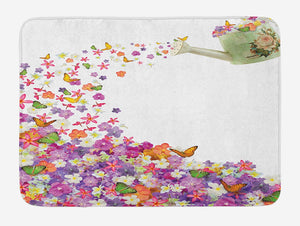 Ambesonne Floral Bath Mat, Butterflies Narcissus Flowers Violets and Pansies Pouring Out from Old Watering Can, Plush Bathroom Decor Mat with Non Slip Backing, 29.5" X 17.5", Green Yellow