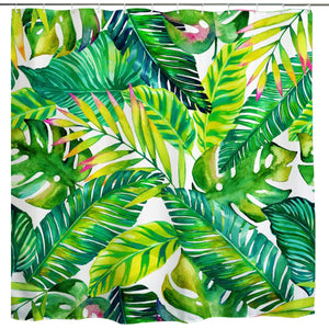BROSHAN Green Leaf Shower Curtain Set, Tropical Plant Palm Banana Leaves Waterproof Fabric Bathroom Decor Set with Hooks,72 inch Long