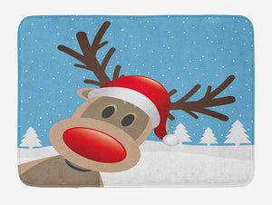 Ambesonne Christmas Bath Mat, Reindeer Rudolph with Red Nose and Santa Claus Hat Snowy Forest, Plush Bathroom Decor Mat with Non Slip Backing, 29.5" X 17.5", Brown Blue