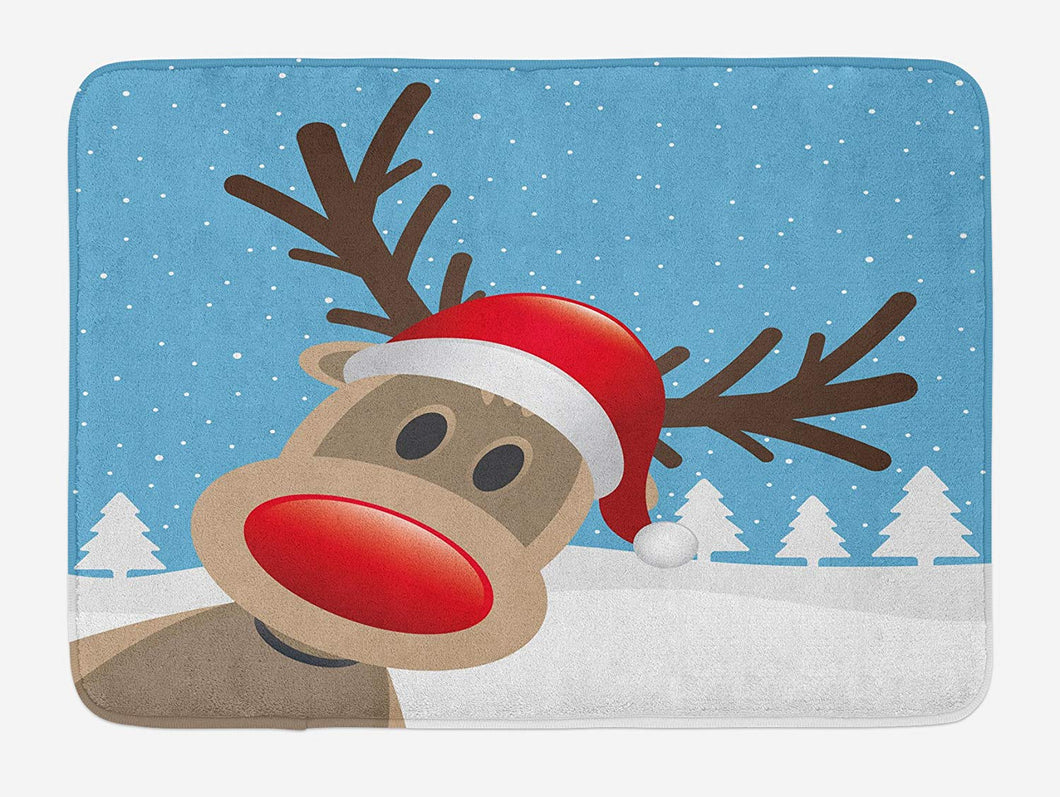 Ambesonne Christmas Bath Mat, Reindeer Rudolph with Red Nose and Santa Claus Hat Snowy Forest, Plush Bathroom Decor Mat with Non Slip Backing, 29.5
