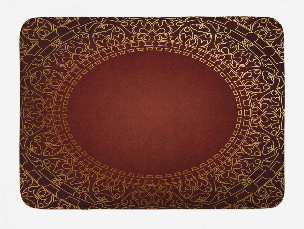 Lunarable Maroon Bath Mat, Vintage Frame with Gold Colored Eastern Motifs Traditional Retro Classic Artwork, Plush Bathroom Decor Mat with Non Slip Backing, 29.5 W X 17.5 W Inches, Maroon Gold