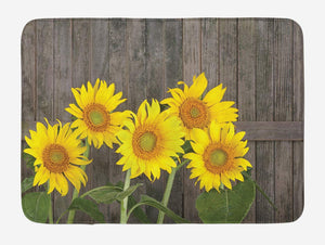 Ambesonne Sunflower Bath Mat, Helianthus Sunflowers Against Weathered Aged Fence Summer Garden Photo, Plush Bathroom Decor Mat with Non Slip Backing, 29.5" X 17.5", Brown Yellow