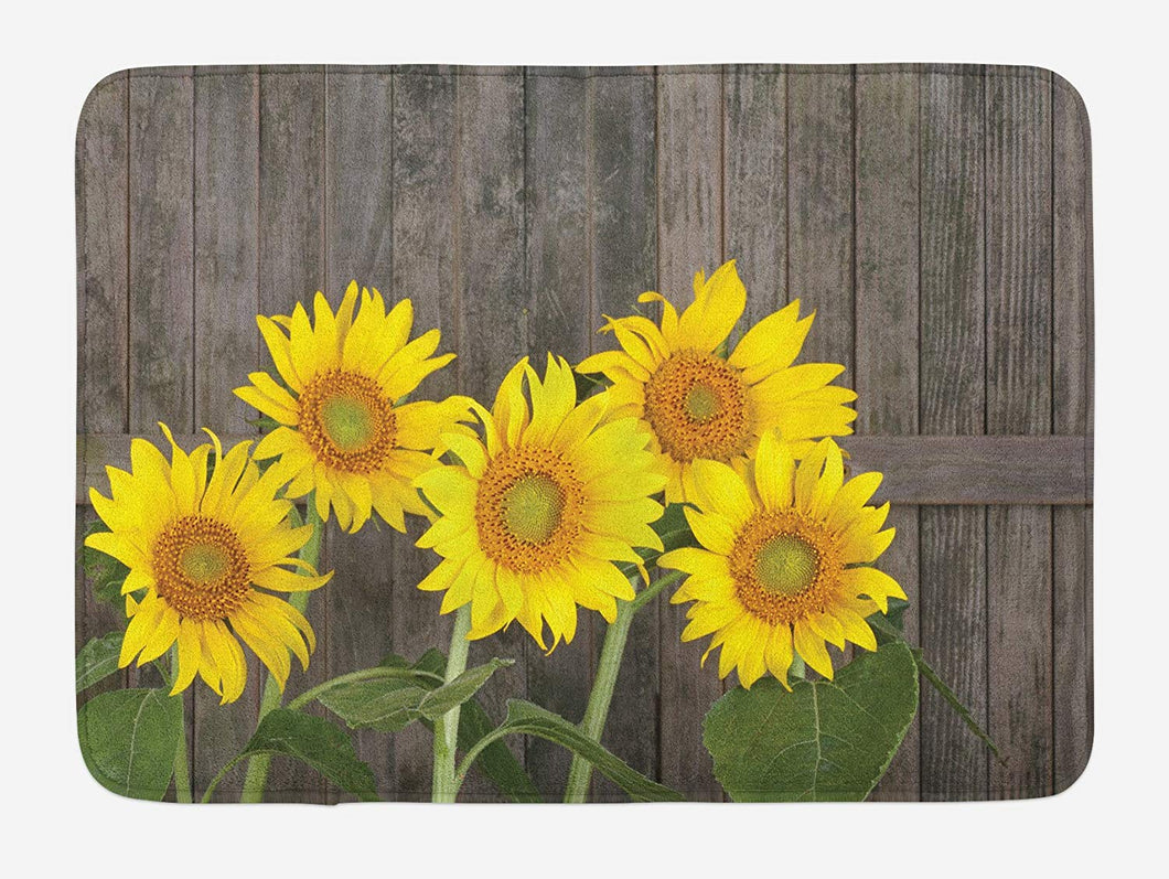 Ambesonne Sunflower Bath Mat, Helianthus Sunflowers Against Weathered Aged Fence Summer Garden Photo, Plush Bathroom Decor Mat with Non Slip Backing, 29.5