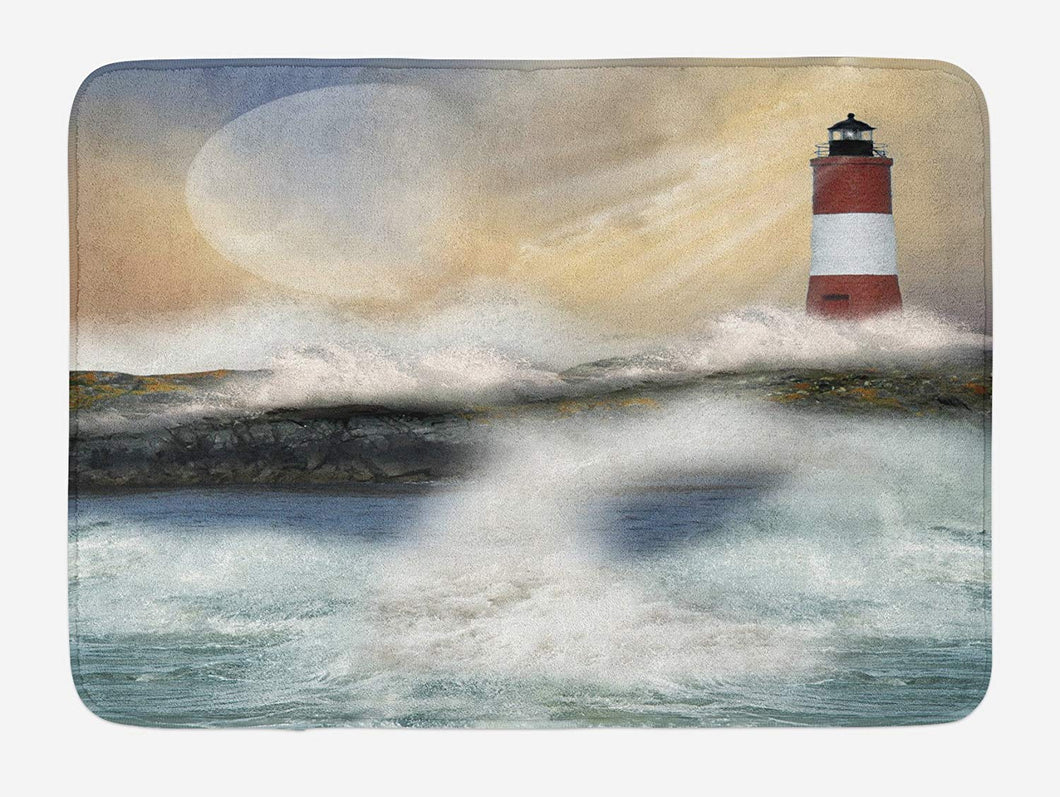 Ambesonne Lighthouse Bath Mat, Oil Painting Style Artwork of Stormy Sea Splashing Waves Moon and Lighthouse, Plush Bathroom Decor Mat with Non Slip Backing, 29.5