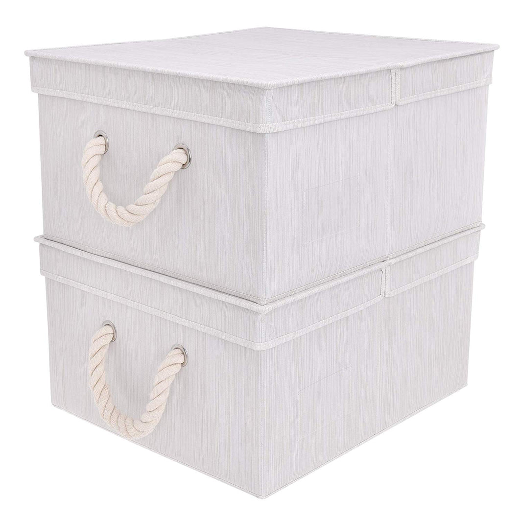 StorageWorks 40 L,Canvas Storage Box with Lid and Strong Cotton Rope Handle, Foldable Closet Organizer, Mixture White, Bamboo Style, Jumbo, 3-Pack