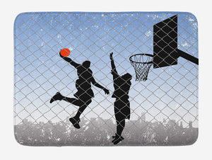 Lunarable Sports Bath Mat, Basketball in The Street Theme 2 Players on Grungy Damaged Backdrop, Plush Bathroom Decor Mat with Non Slip Backing, 29.5" X 17.5", Blue Grey