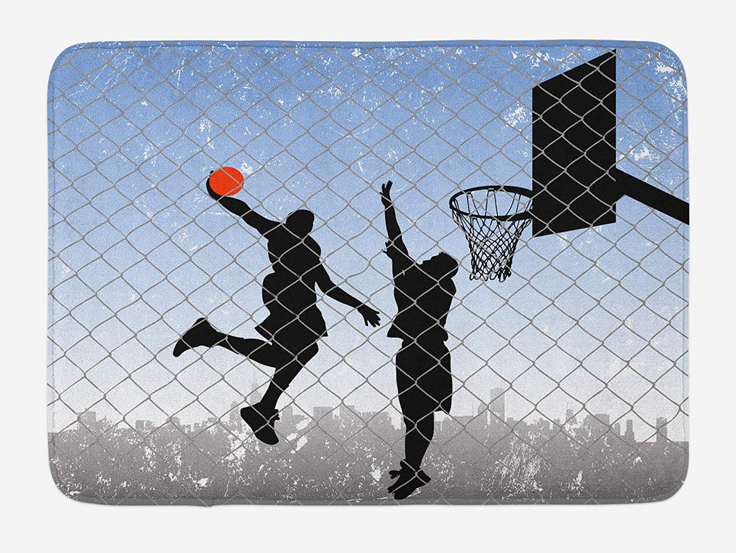 Lunarable Sports Bath Mat, Basketball in The Street Theme 2 Players on Grungy Damaged Backdrop, Plush Bathroom Decor Mat with Non Slip Backing, 29.5