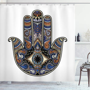 Ambesonne Hamsa Shower Curtain, Hand Drawn Boho Style Vintage Sign with All Seeing Eye Doodle, Cloth Fabric Bathroom Decor Set with Hooks, 75" Long, Blue Caramel