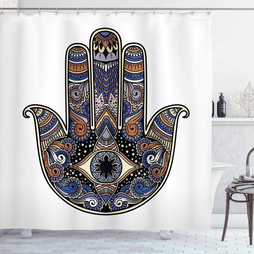 Ambesonne Hamsa Shower Curtain, Hand Drawn Boho Style Vintage Sign with All Seeing Eye Doodle, Cloth Fabric Bathroom Decor Set with Hooks, 75