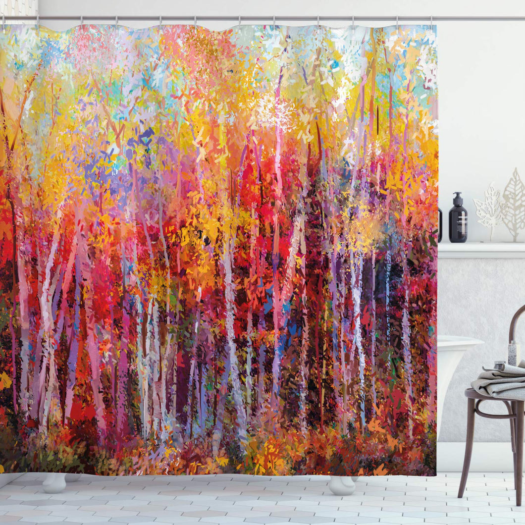 Ambesonne Nature Shower Curtain, Vibrant Nature Painting with Trees in The Autumn Forest Impressionistic Artwork, Cloth Fabric Bathroom Decor Set with Hooks, 70