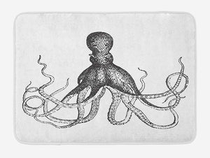 Ambesonne Octopus Bath Mat, Monochrome Marine Animal with Tentacles in Sketch Style Subaquatic Life Artwork, Plush Bathroom Decor Mat with Non Slip Backing, 29.5 W X 17.5 L Inches, Black White