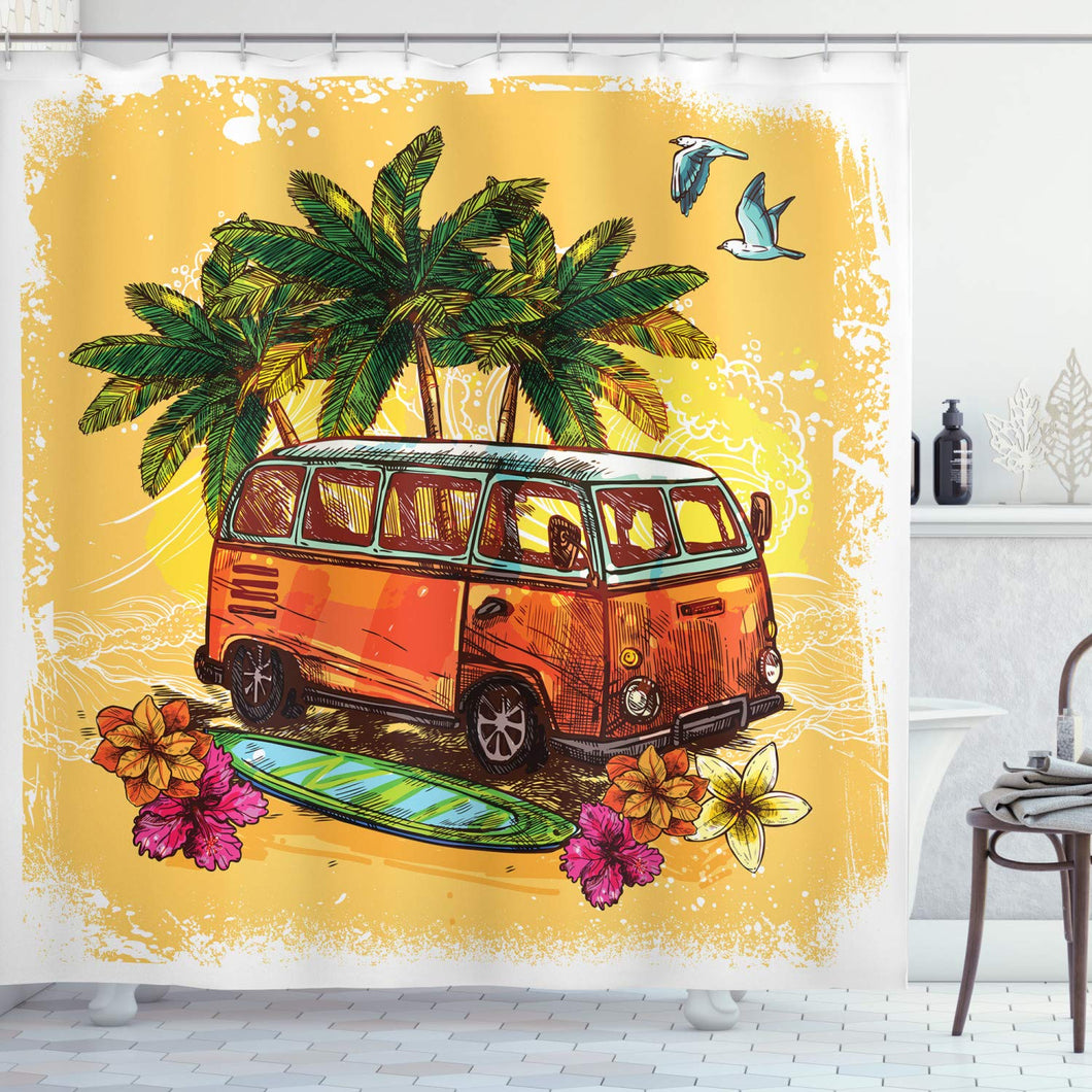 Ambesonne Surf Shower Curtain, Hippie Classic Old Bus with Surfboard Freedom Holiday Exotic Life Sketchy Art, Cloth Fabric Bathroom Decor Set with Hooks, 84