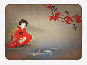 Lunarable Koi Fish Bath Mat, Geisha Feeding Beast Autumn Time Culture Eastern Vibes Oriental, Plush Bathroom Decor Mat with Non Slip Backing, 29.5" X 17.5", Sepia