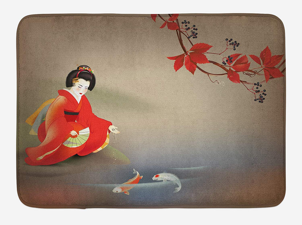 Lunarable Koi Fish Bath Mat, Geisha Feeding Beast Autumn Time Culture Eastern Vibes Oriental, Plush Bathroom Decor Mat with Non Slip Backing, 29.5
