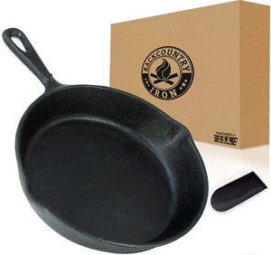 Backcountry Cast Iron Skillet (8 Inch Small Frying Pan, Pre-Seasoned for Non-Stick Like Surface, Cookware Oven / Range / Broiler / Grill Safe, Kitchen Deep Fryer, Restaurant Chef Quality)