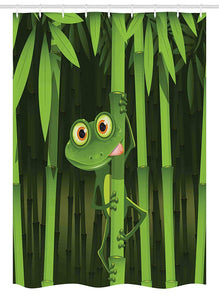 Ambesonne Animal Stall Shower Curtain, Funny Illustration of Friendly Fun Frog on Stem of The Bamboo Jungle Trees Nature, Fabric Bathroom Decor Set with Hooks, 54" X 78", Green