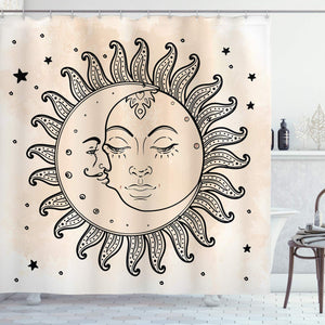 Ambesonne Sketchy Shower Curtain, Sun and Moon Celestial Composition Day`s Cycle Mystical Inspiration, Cloth Fabric Bathroom Decor Set with Hooks, 70" Long, Charcoal Tan