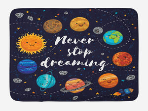 Ambesonne Saying Bath Mat, Outer Space Planets Star Cluster Solar System Moon Comets Sun Cosmos Illustration, Plush Bathroom Decor Mat with Non Slip Backing, 29.5" X 17.5", Navy Orange