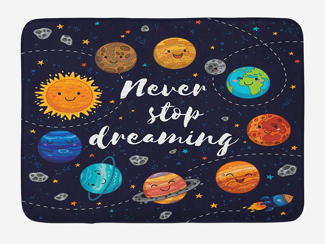 Ambesonne Saying Bath Mat, Outer Space Planets Star Cluster Solar System Moon Comets Sun Cosmos Illustration, Plush Bathroom Decor Mat with Non Slip Backing, 29.5