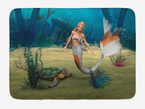 Ambesonne Mermaid Bath Mat, Digital Render of Mermaid Turtle Fantasy World in Ocean Under The Sea Art, Plush Bathroom Decor Mat with Non Slip Backing, 29.5" X 17.5", Pastel Green