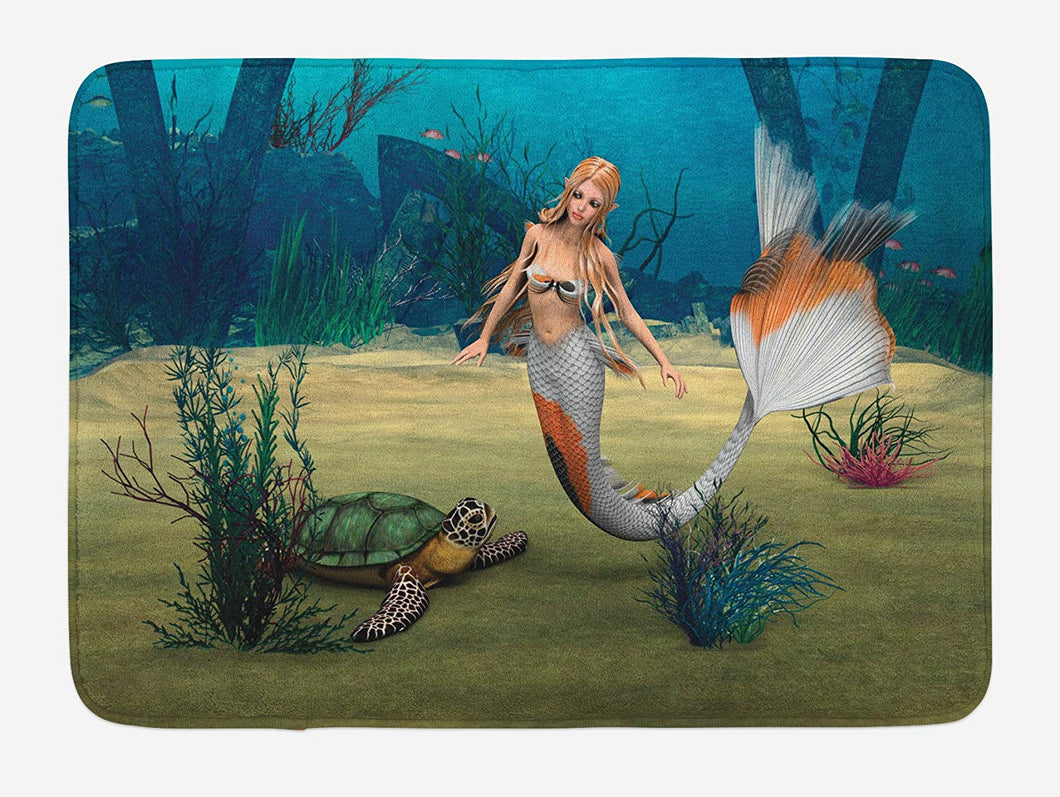 Ambesonne Mermaid Bath Mat, Digital Render of Mermaid Turtle Fantasy World in Ocean Under The Sea Art, Plush Bathroom Decor Mat with Non Slip Backing, 29.5
