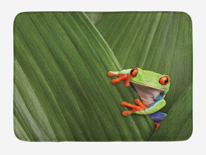 Lunarable Animal Bath Mat, Red Eyed Tree Frog Hiding in Exotic Macro Leaf in Costa Rica Rainforest Tropical Nature, Plush Bathroom Decor Mat with Non Slip Backing, 29.5" X 17.5", Green Orange