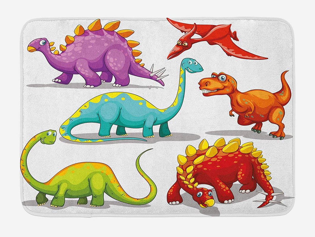 Ambesonne Dinosaur Bath Mat, Colorful Funny Different Dino Themed Friendly Wildlife Extinct Animals Ice Age, Plush Bathroom Decor Mat with Non Slip Backing, 29.5