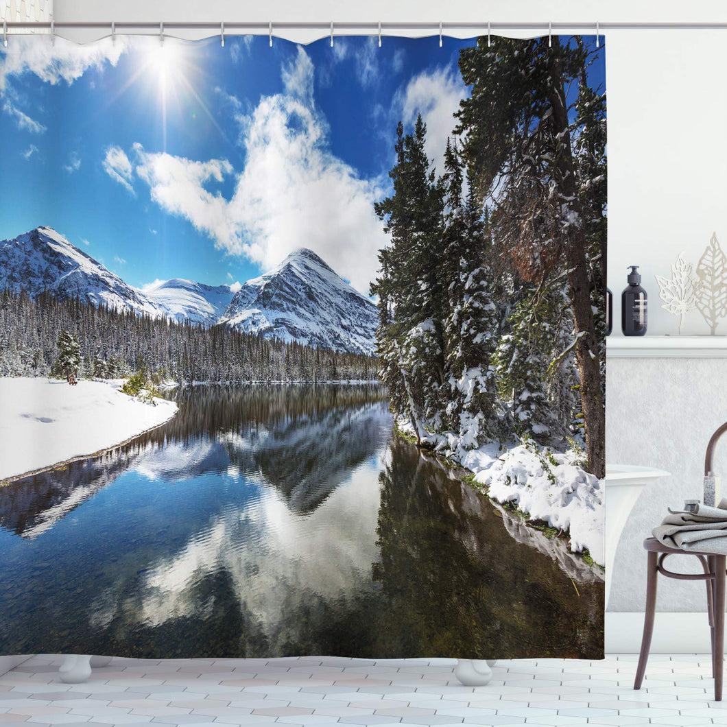 Ambesonne Winter Shower Curtain, Tranquil View of Glacier National Park in Montana Water Reflection Peaceful, Cloth Fabric Bathroom Decor Set with Hooks, 84