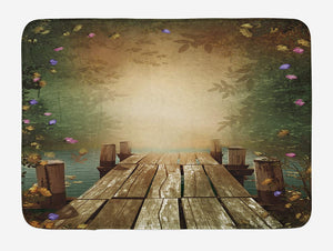 Ambesonne Spring Bath Mat, Coming of The Spring Themed Lake and Blooming Flowers Illustration with Wooden Pier, Plush Bathroom Decor Mat with Non Slip Backing, 29.5" X 17.5", Teal