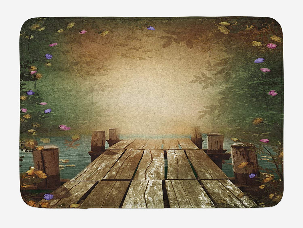 Ambesonne Spring Bath Mat, Coming of The Spring Themed Lake and Blooming Flowers Illustration with Wooden Pier, Plush Bathroom Decor Mat with Non Slip Backing, 29.5