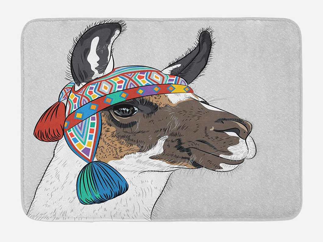 Ambesonne Llama Bath Mat, Alpaca with an Colorful Hat Peruvian Sketch Style Animal Abstract Pattern, Plush Bathroom Decor Mat with Non Slip Backing, 29.5