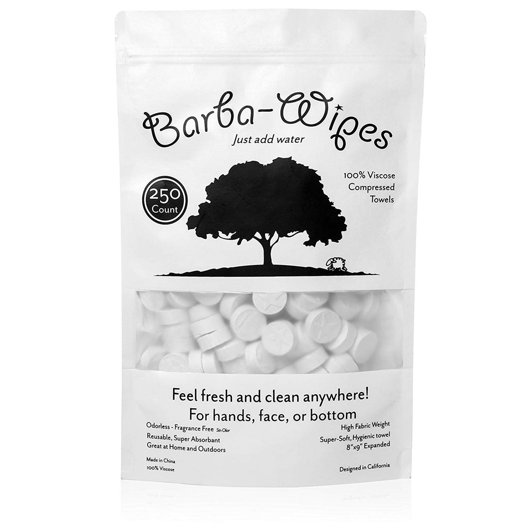 Barba-Wipes | Super Soft Compressed Wipe | Compressed Towel | Expandable Towel | 100% Viscose | Biodegradable Eco-Friendly | Home Beauty Backpacking Camping Accessories | 250 Count Resealable Bag